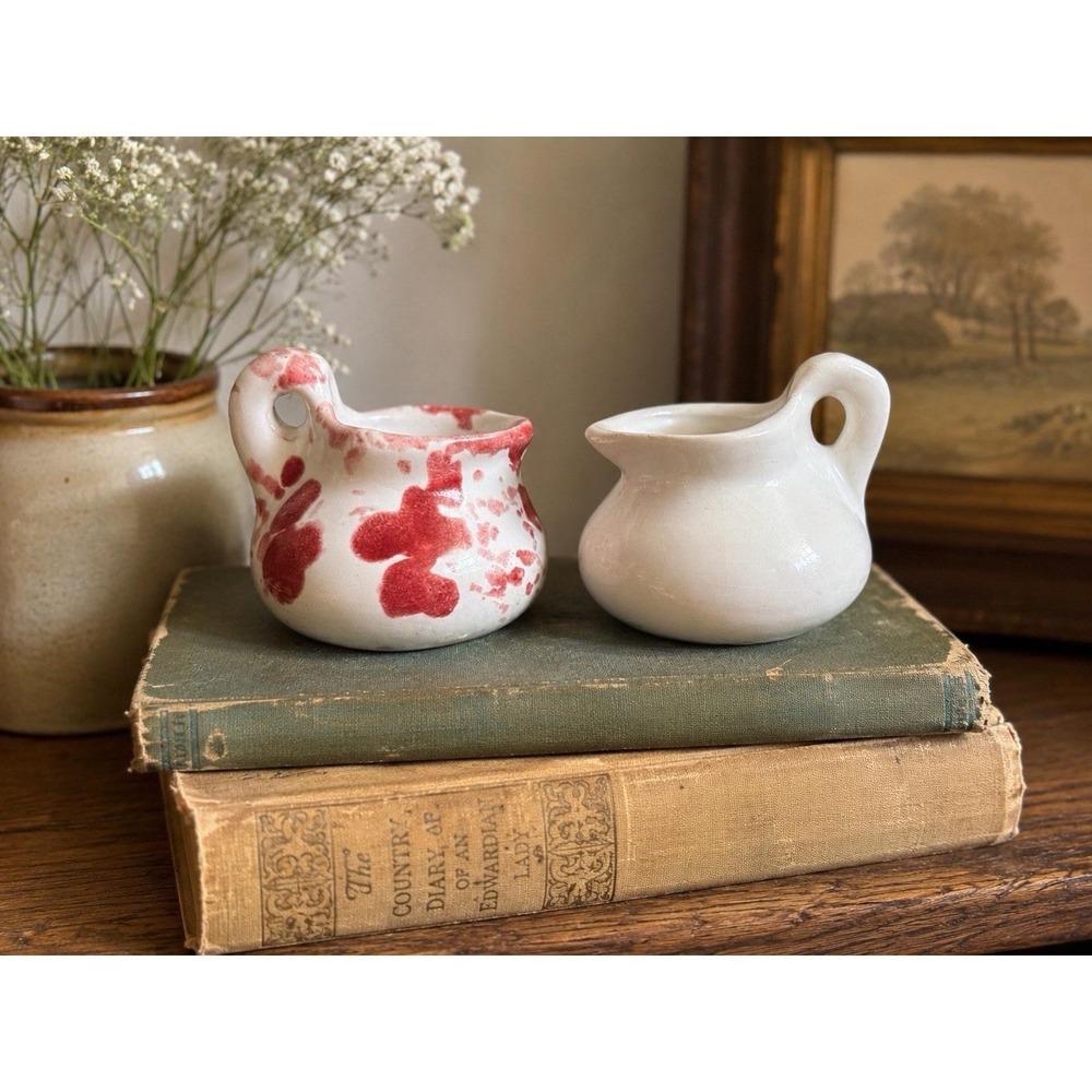 VTG Mini‎ Pottery Creamer Pitcher White Studio Pottery Bud Vase Pair Cottagecore